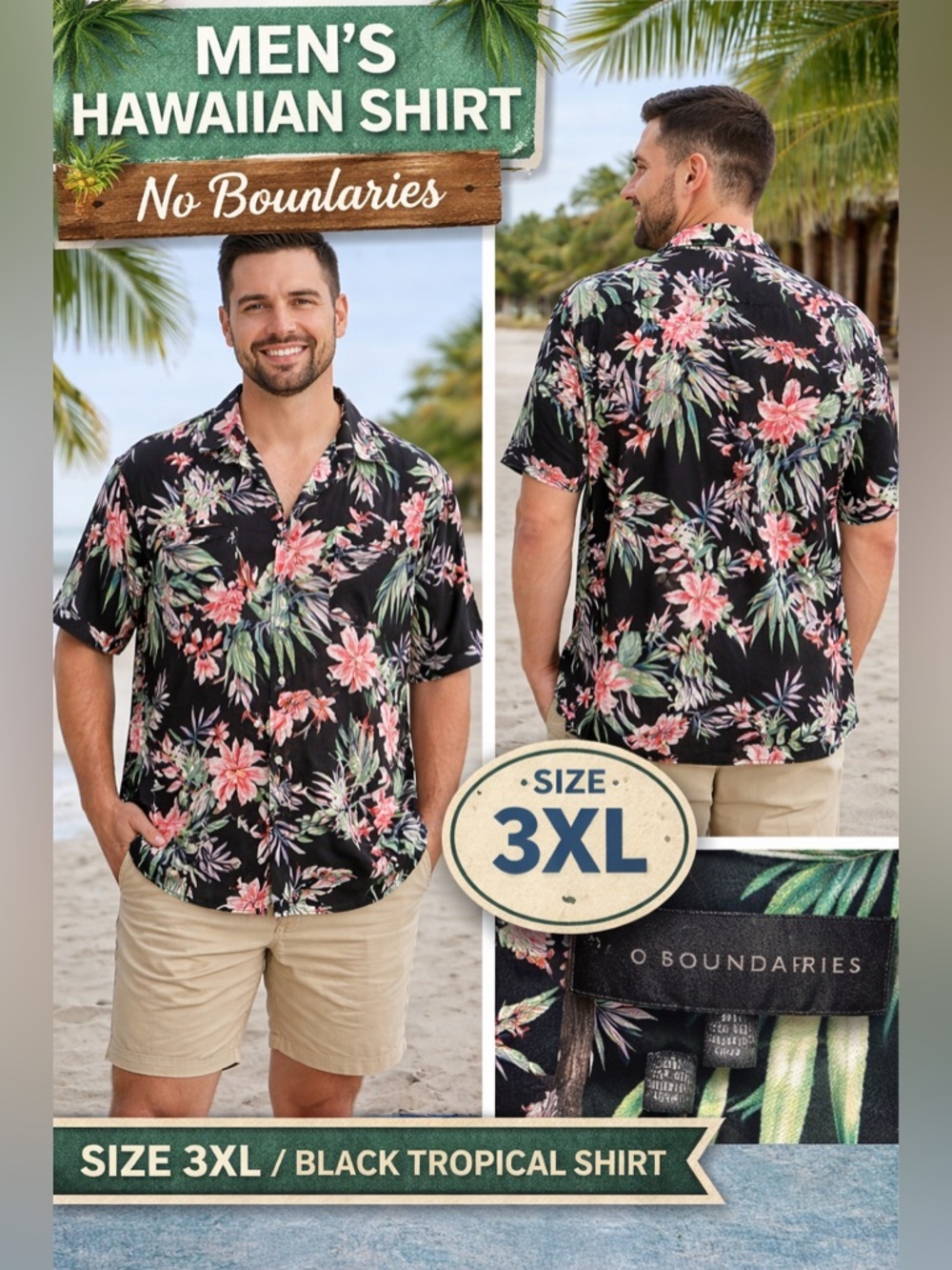 No Boundaries Tropical Leaf Shirt - Black and Green 3Xl